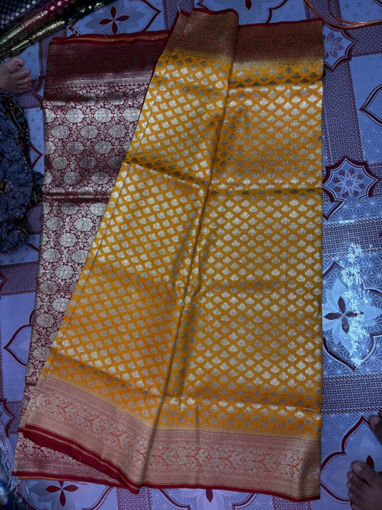 Katan Banarasi Silk Mustard Yellow-Maroon
