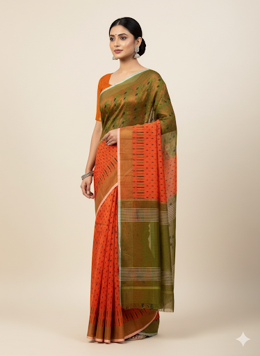 Tip buti jamdani Bottle Green-Vibrant Orange