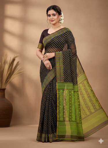 Tip Buti jamdani Dark Brown-Lime Green