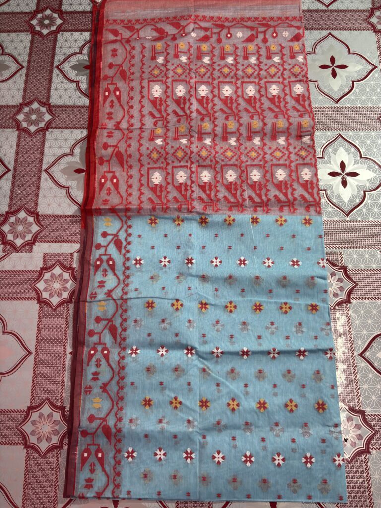 Pure Cotton Jamdani Red-Light Blue