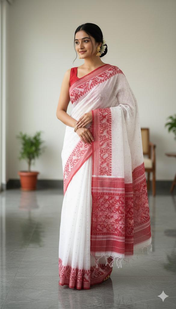 Soft Jamdani White-Red