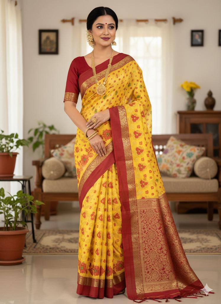 Allover Tussore Jamdani Yellow-Red
