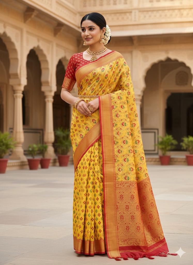 Allover Tussore Jamdani Yellow-Red