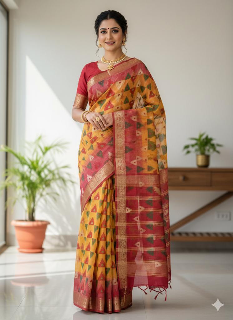 Beautiful Tussore Design 2 Yellow Red